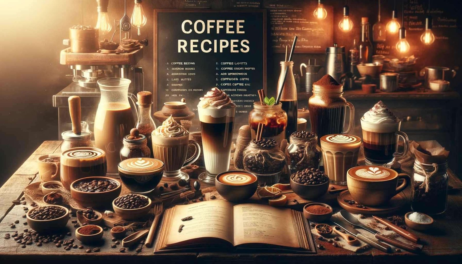 Coffee recipes on a table in a coffee shop.