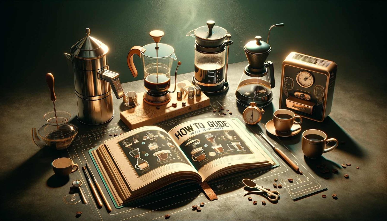 A book with coffee mugs and other items on it.