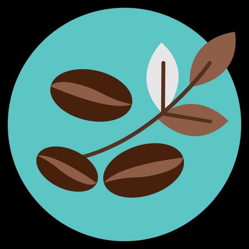 A coffee bean and leaf icon on a blue background.