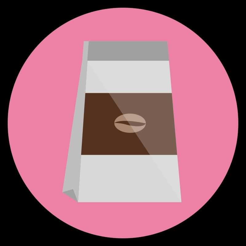 A coffee bag icon on a pink circle.