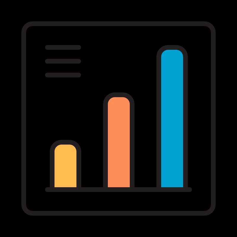 A bar graph icon on a black background.