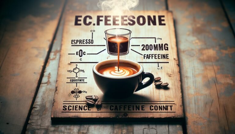 A steaming cup of coffee is placed on a wooden surface. A chart with scientific illustrations is overlaid above it, explaining the caffeine content in espresso. The text includes chemical formulas and notes about the dose of caffeine in espresso.