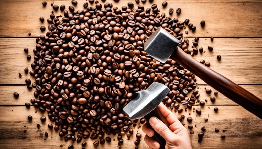 grinding coffee beans with a hammer