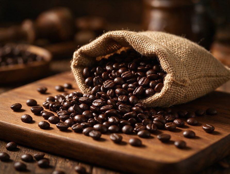 Dark roasted coffee beans spilling from a burlap sack