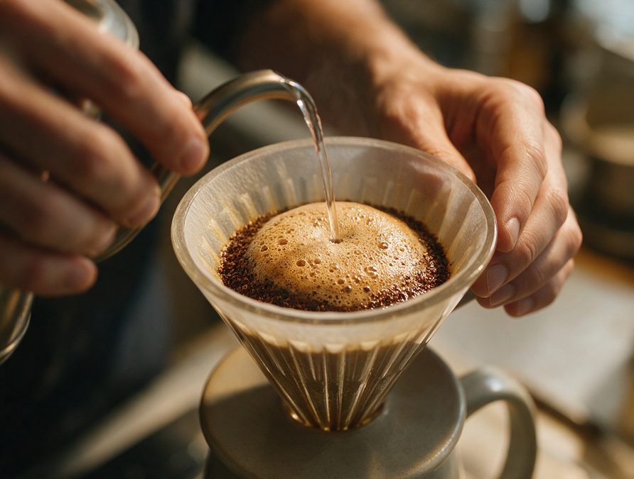 Hands using a pour over dripper as the coffee blooms