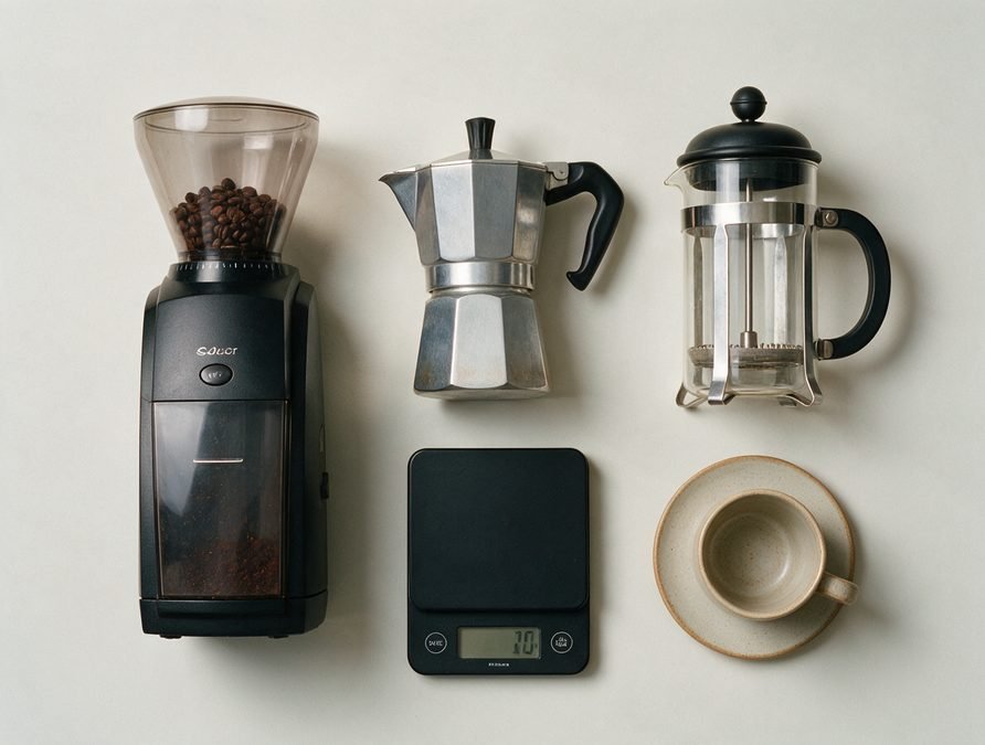 Coffee equipment laid out including grinder, moka pot and scale