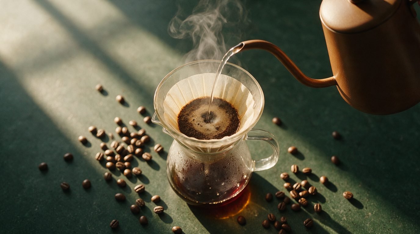 Pour over coffee brewing with a gooseneck kettle and scattered roasted beans