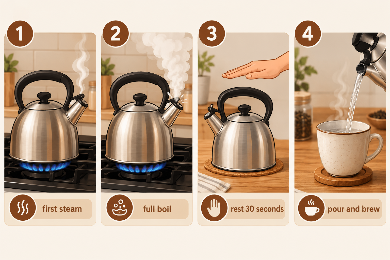 How long should water cool before brewing coffee, and what temperature for cold brew