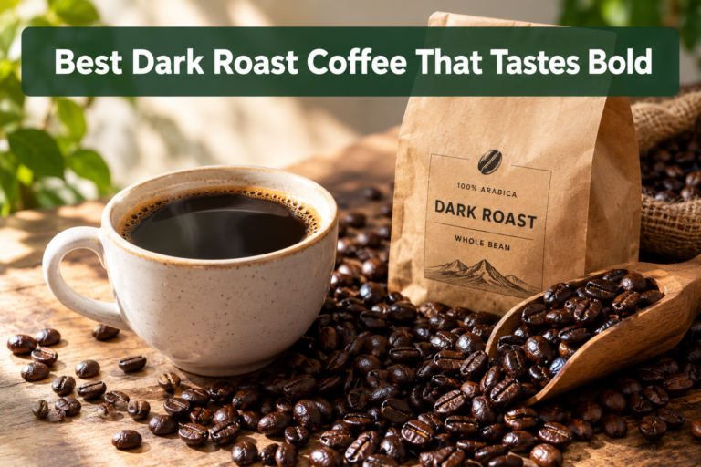 Professional () hero image with SHORT (≤42 chars): 'Best Dark Roast Coffee That Tastes ', white on a dark forest green