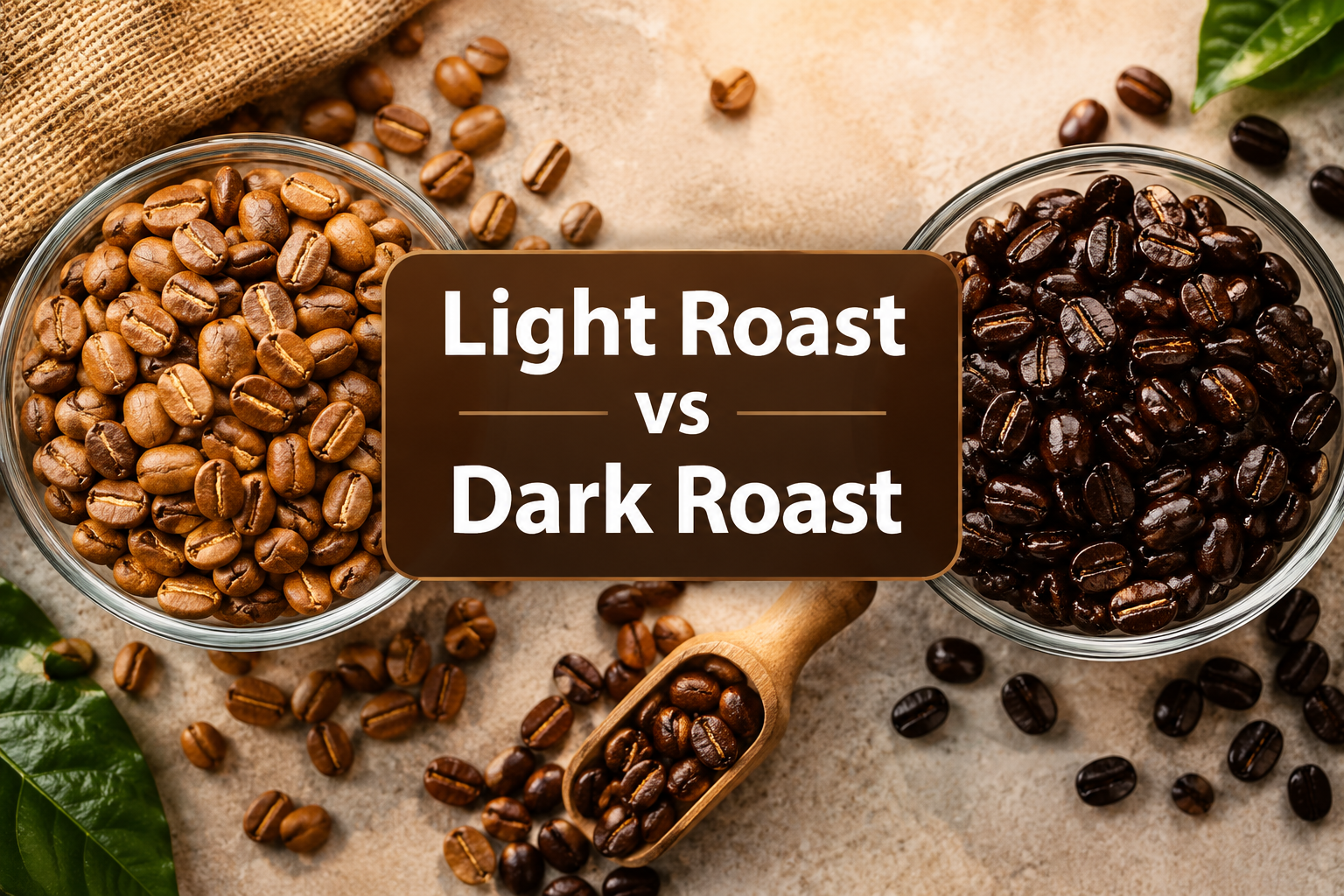 Two glass bowls hold light roast coffee beans on the left and dark roast beans on the right. A small wooden scoop with beans is in the center. The text in the middle reads “Light Roast vs Dark Roast.”.