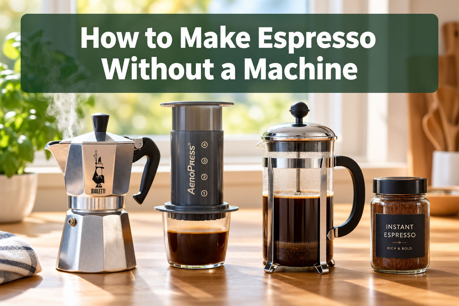 Three espresso preparation tools—moka pot, AeroPress, and French press—sit on a kitchen counter beside a jar of instant espresso. Sunlight comes through a window. Text reads: How to Make Espresso Without a Machine.